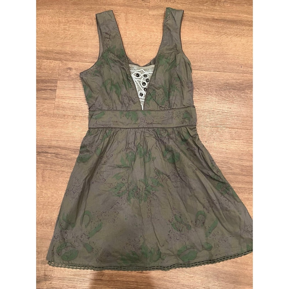 FREE PEOPLE Boho Green floral print Lined Dress Sz XS 100% Cotton